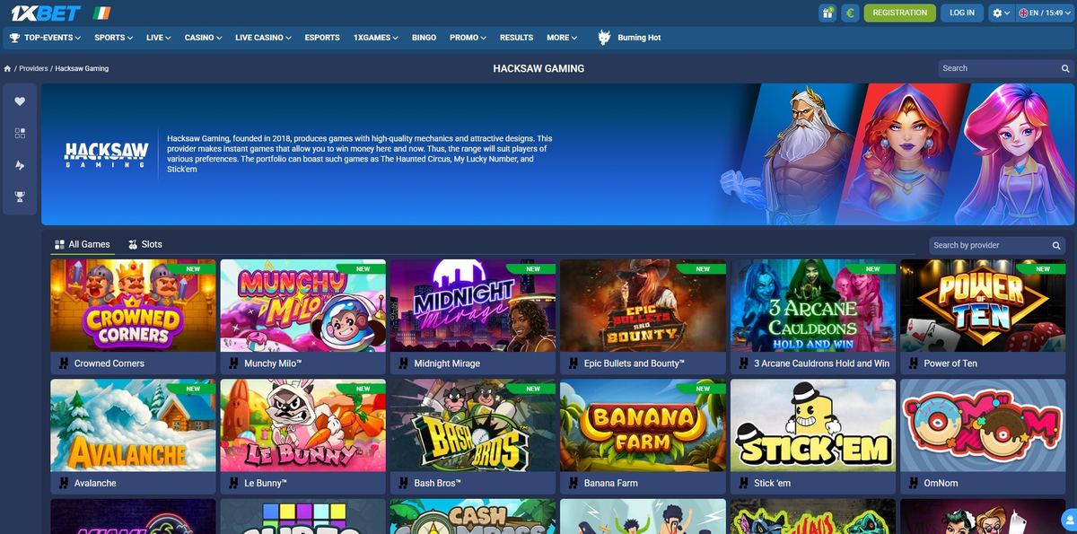 Hacksaw Gaming section at 1xBet