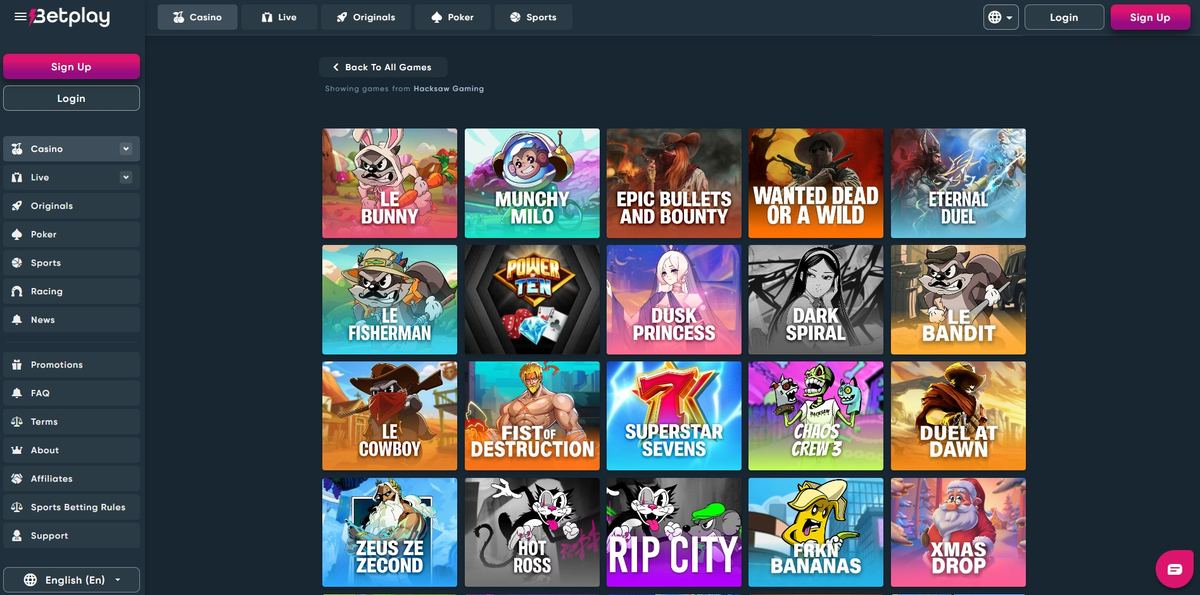 Hacksaw Gaming section at Betplay.io