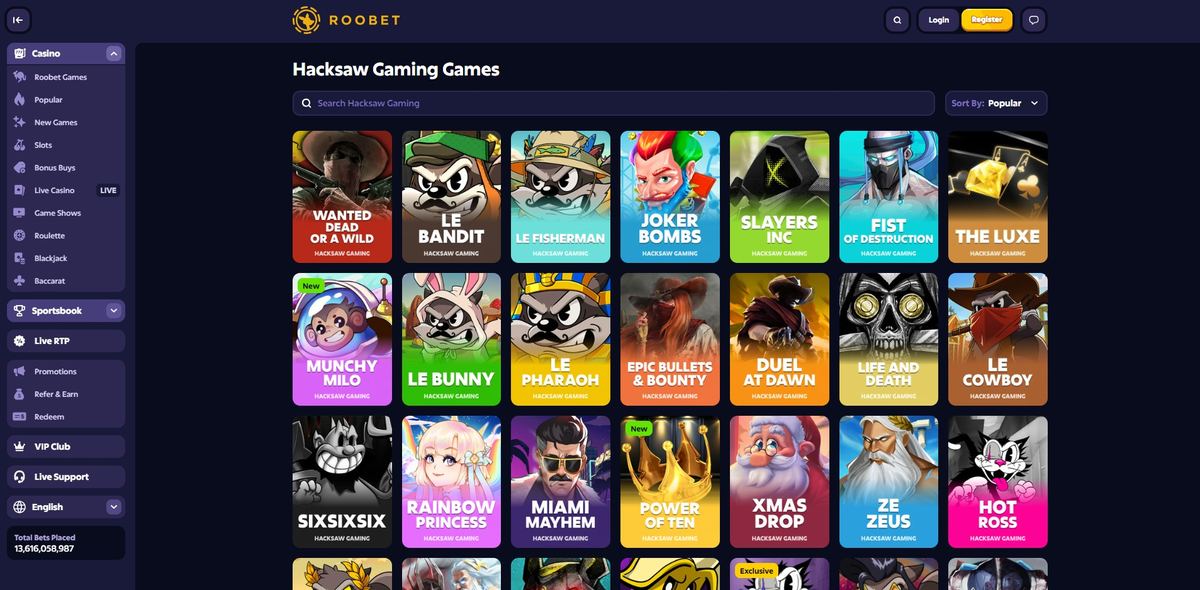 Hacksaw Gaming section at Roobet
