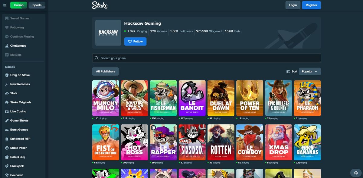Hacksaw Gaming section at Stake